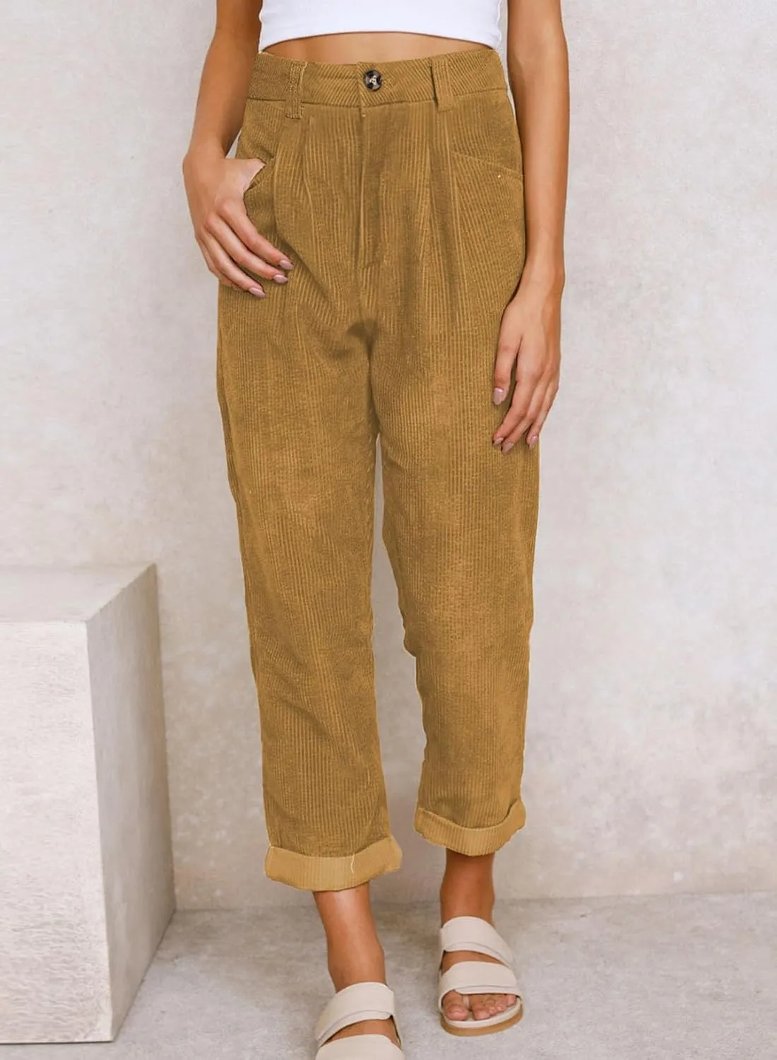 EVALESS Corduroy Pants for Women Casual High Waisted Straight Leg Pants Loose Comfy Trousers with Pockets