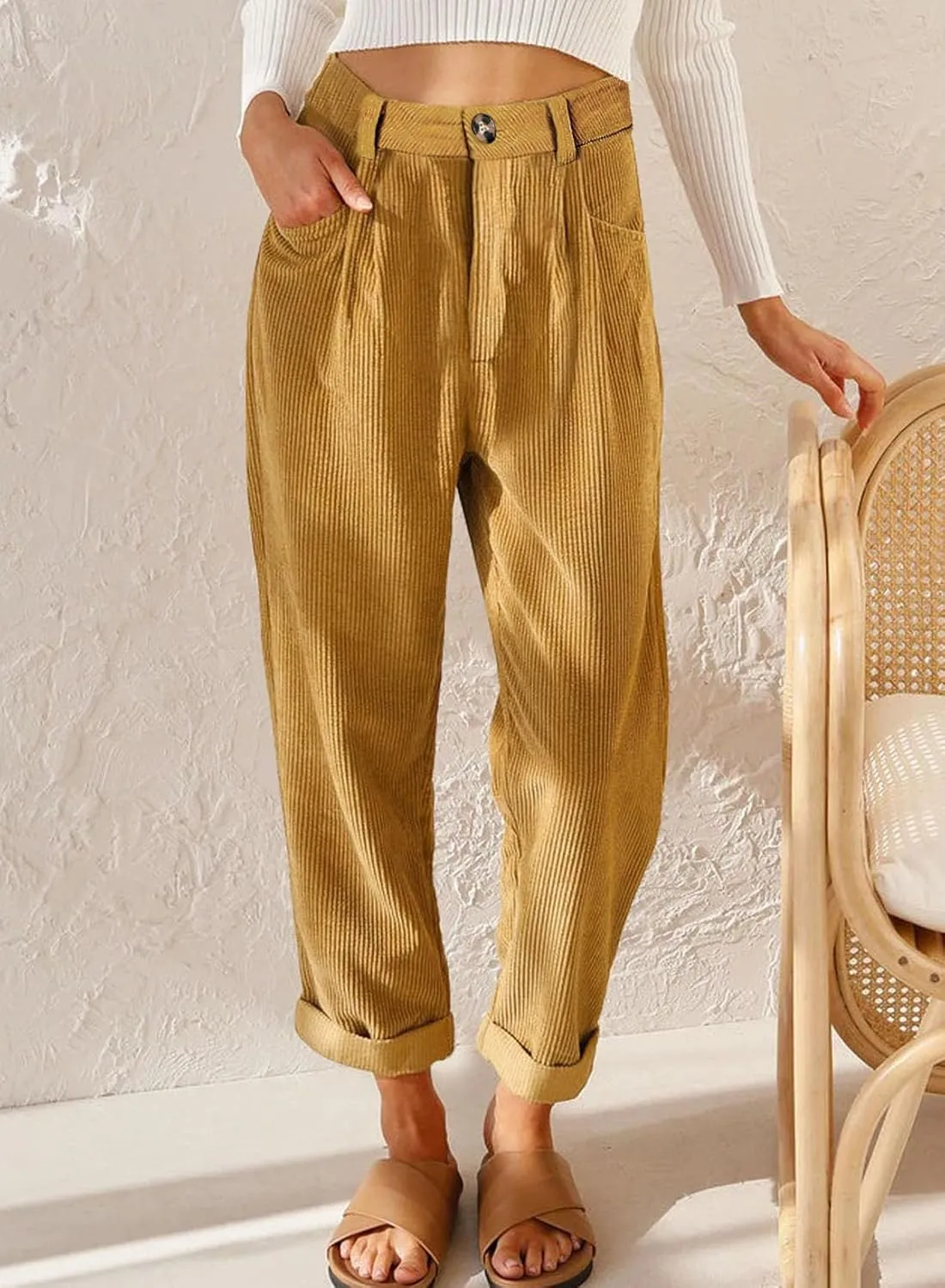 EVALESS Corduroy Pants for Women Casual High Waisted Straight Leg Pants Loose Comfy Trousers with Pockets