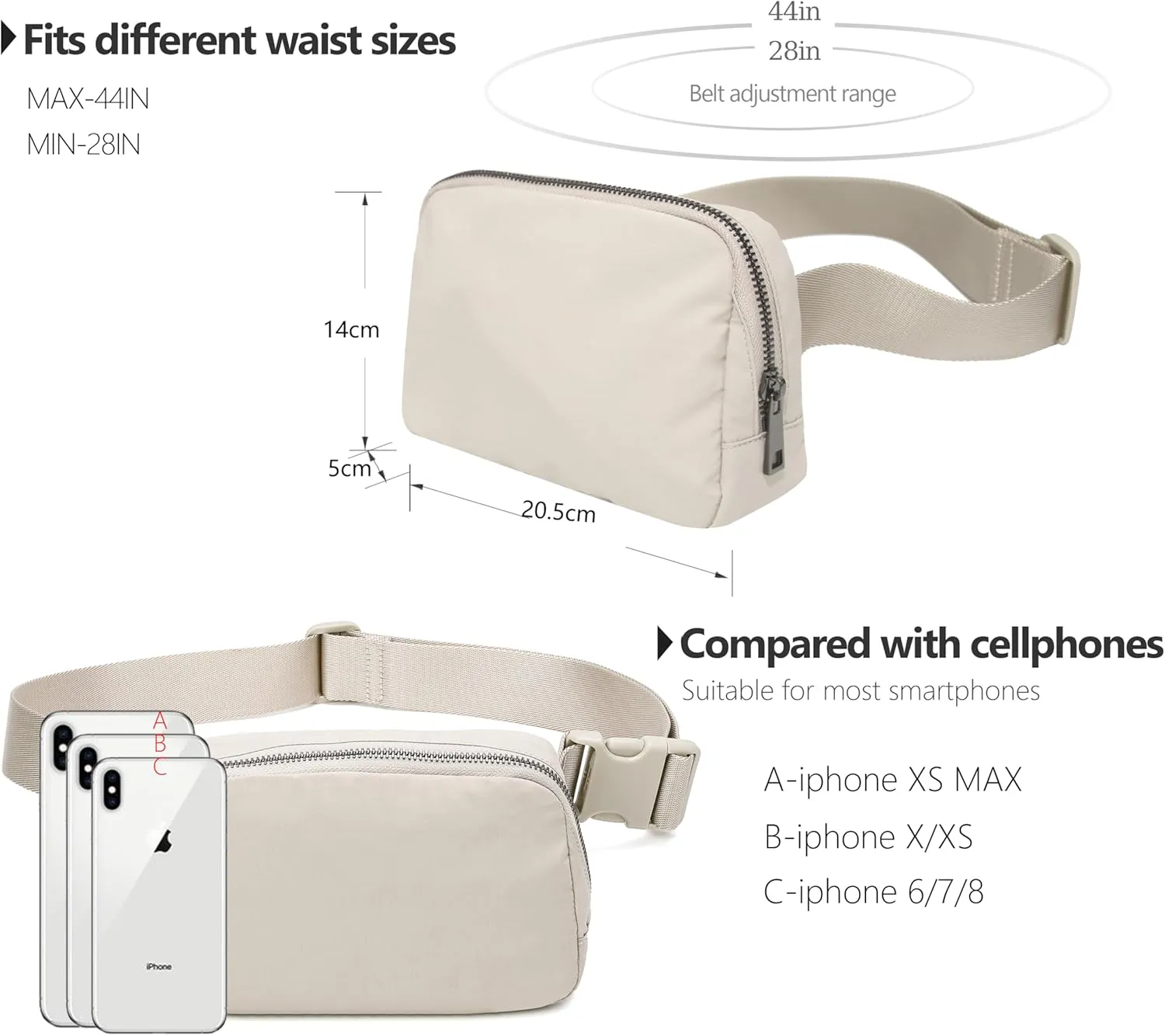 Fanny Belt Bag Waist Pack Crossbody Bags Bum Bag for Running Hiking Travel Workout Adjustable Strap for Women -beige