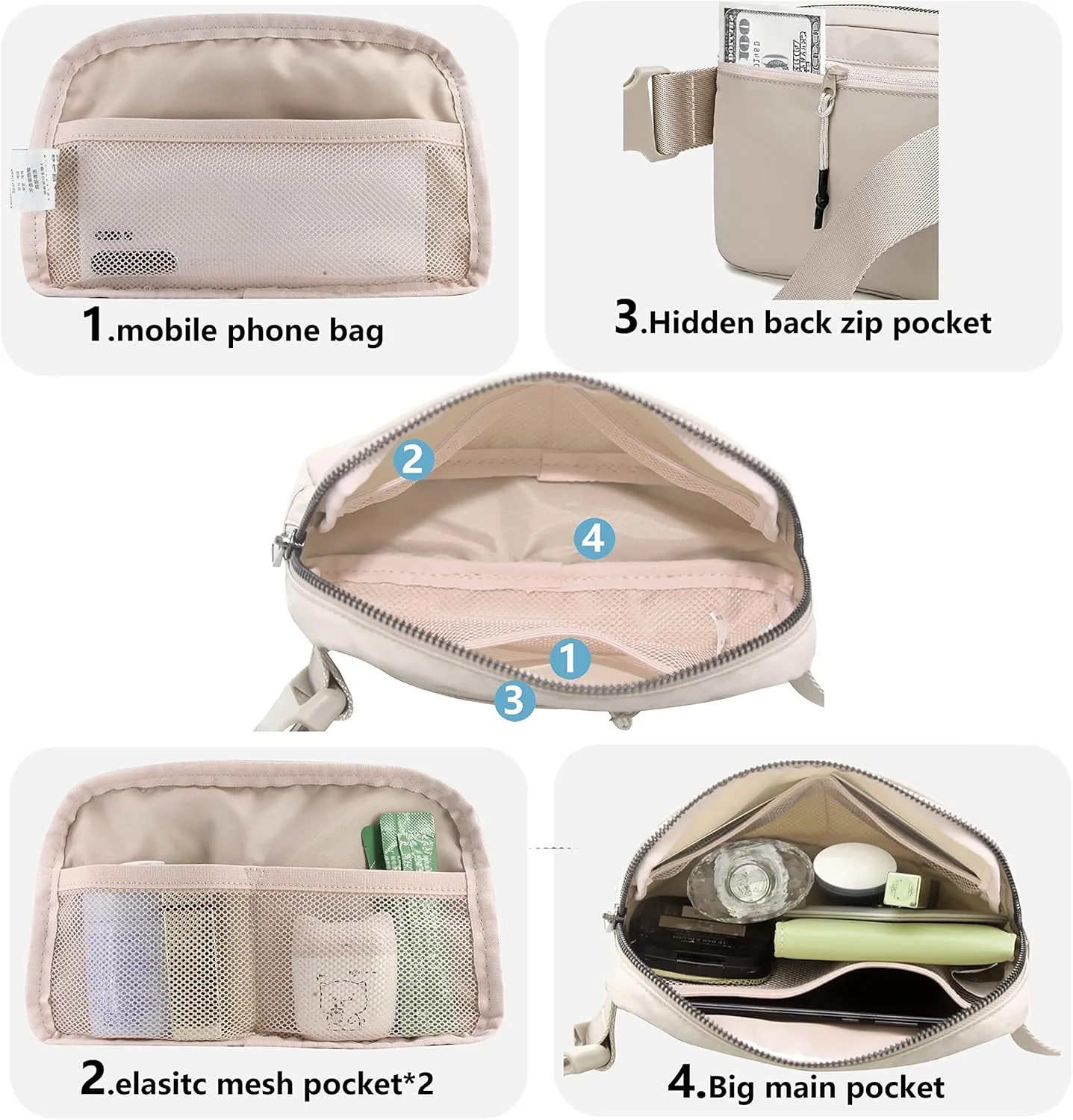 Fanny Belt Bag Waist Pack Crossbody Bags Bum Bag for Running Hiking Travel Workout Adjustable Strap for Women -beige