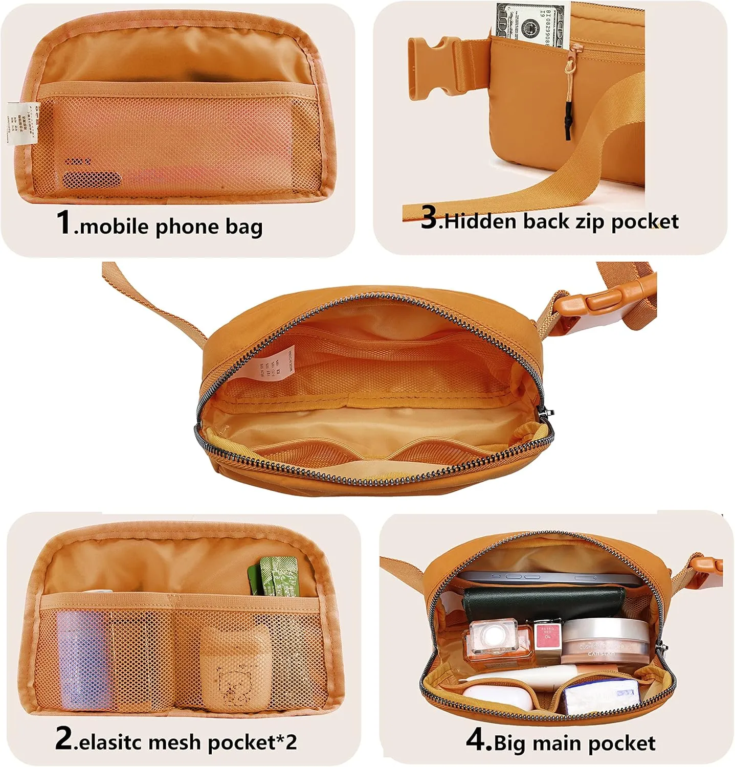 Fanny Belt Bag Waist Pack Crossbody Bags Bum Bag for Running Hiking Travel Workout Adjustable Strap for Women-Muddy yellow
