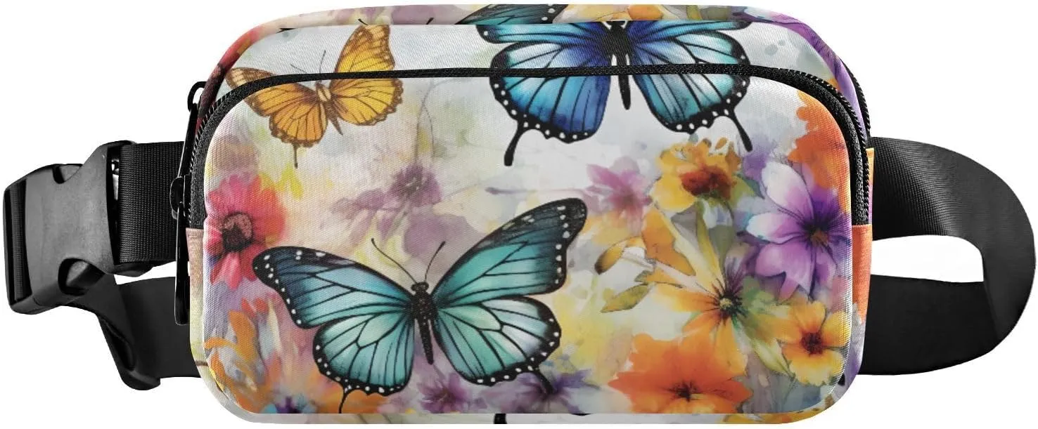 Fanny Pack for Women Men Butterflies Wildflowers Belt Waist Pack Bum Bag Wallets for Running Cycling Hiking Travel Workout with Adjustable Strap