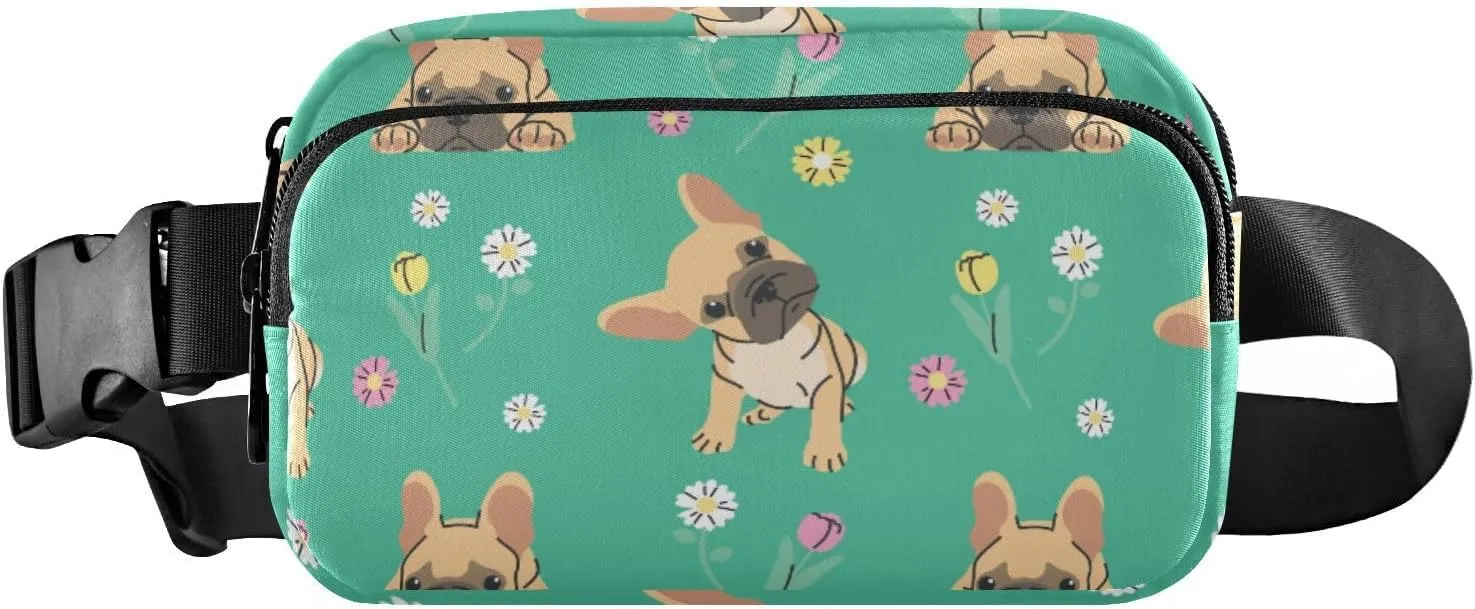 Fanny Pack for Women Men Cute Brown French Bulldog Floral Belt Waist Pack Bum Bag Wallets for Running Cycling Hiking Travel Workout with Adjustable Strap