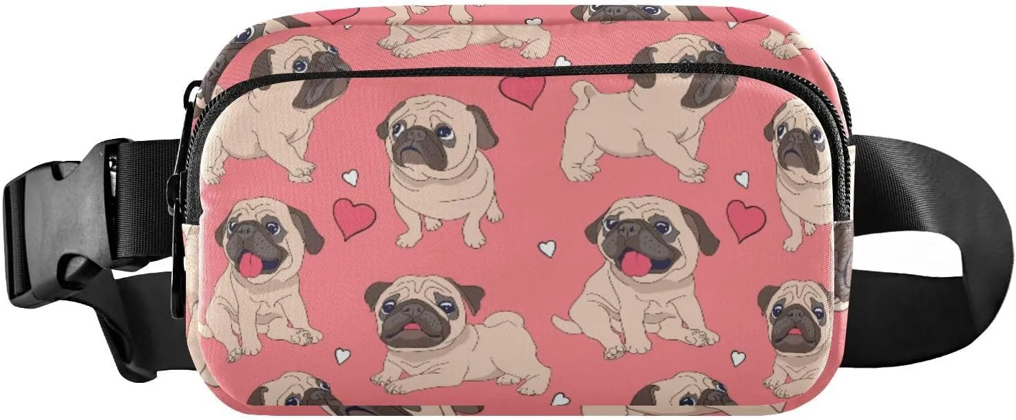 Fanny Pack for Women Men Funny Pugs Puppies Heart Belt Waist Pack Bum Bag Wallets for Running Cycling Hiking Travel Workout with Adjustable Strap