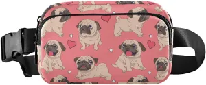 Fanny Pack for Women Men Funny Pugs Puppies Heart Belt Waist Pack Bum Bag Wallets for Running Cycling Hiking Travel Workout with Adjustable Strap