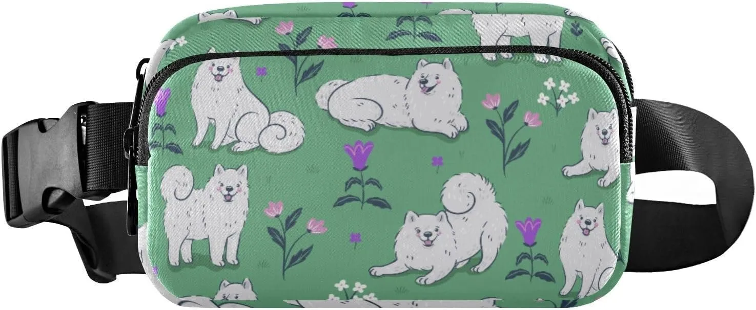 Fanny Pack for Women Men Samoyed Dogs Green Meadow Belt Waist Pack Bum Bag Wallets for Running Cycling Hiking Travel Workout with Adjustable Strap
