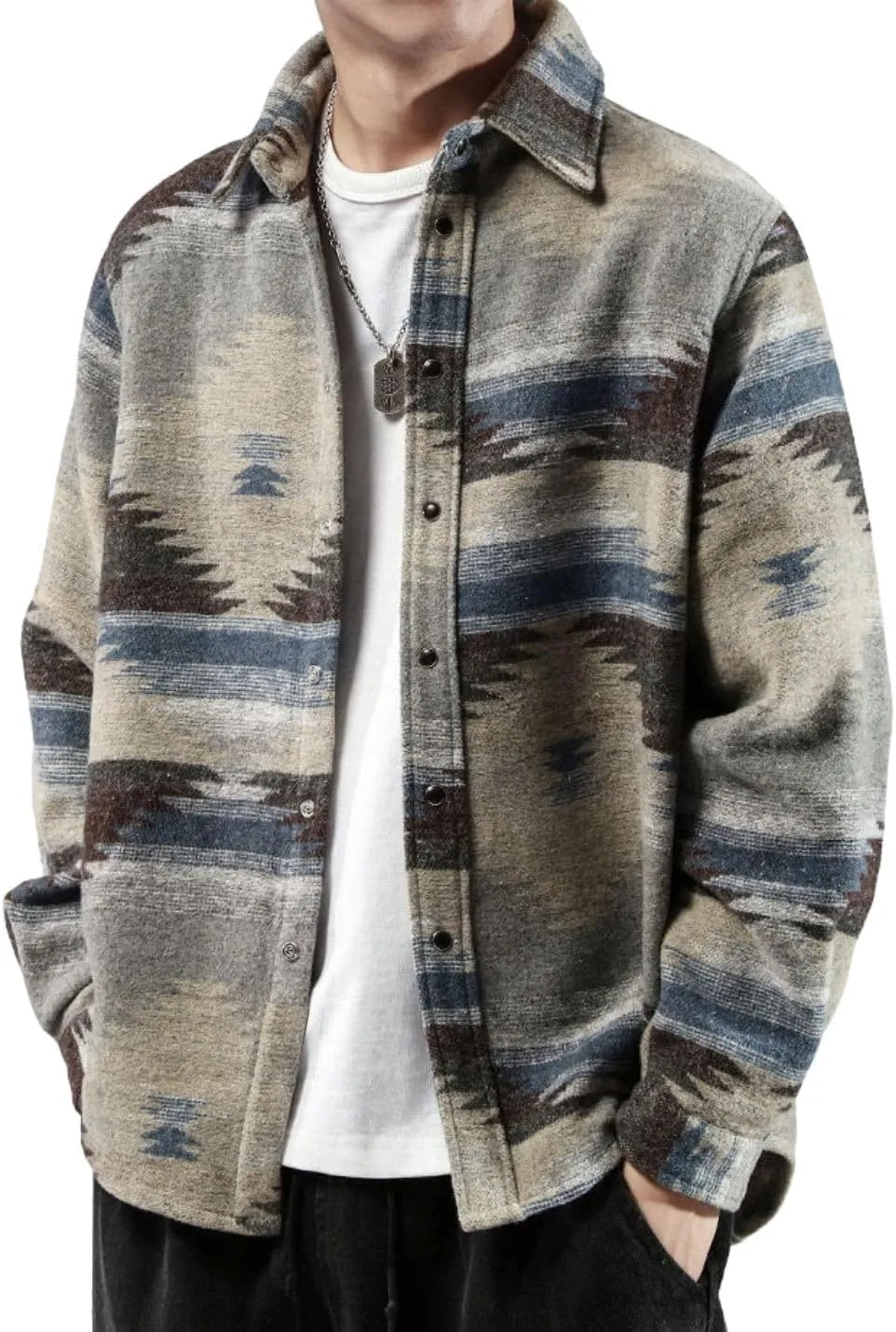 FindThy Mens Brushed Flannel Shirts Ethnic Aztec Print Button Up Lapel Tribal Shirt Jacket Shacket