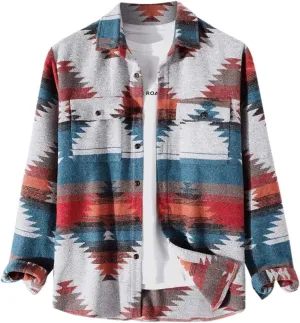 FindThy Mens Brushed Flannel Shirts Ethnic Aztec Print Button Up Lapel Tribal Shirt Jacket Shacket