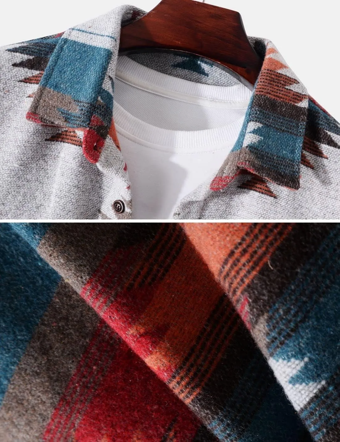 FindThy Mens Brushed Flannel Shirts Ethnic Aztec Print Button Up Lapel Tribal Shirt Jacket Shacket