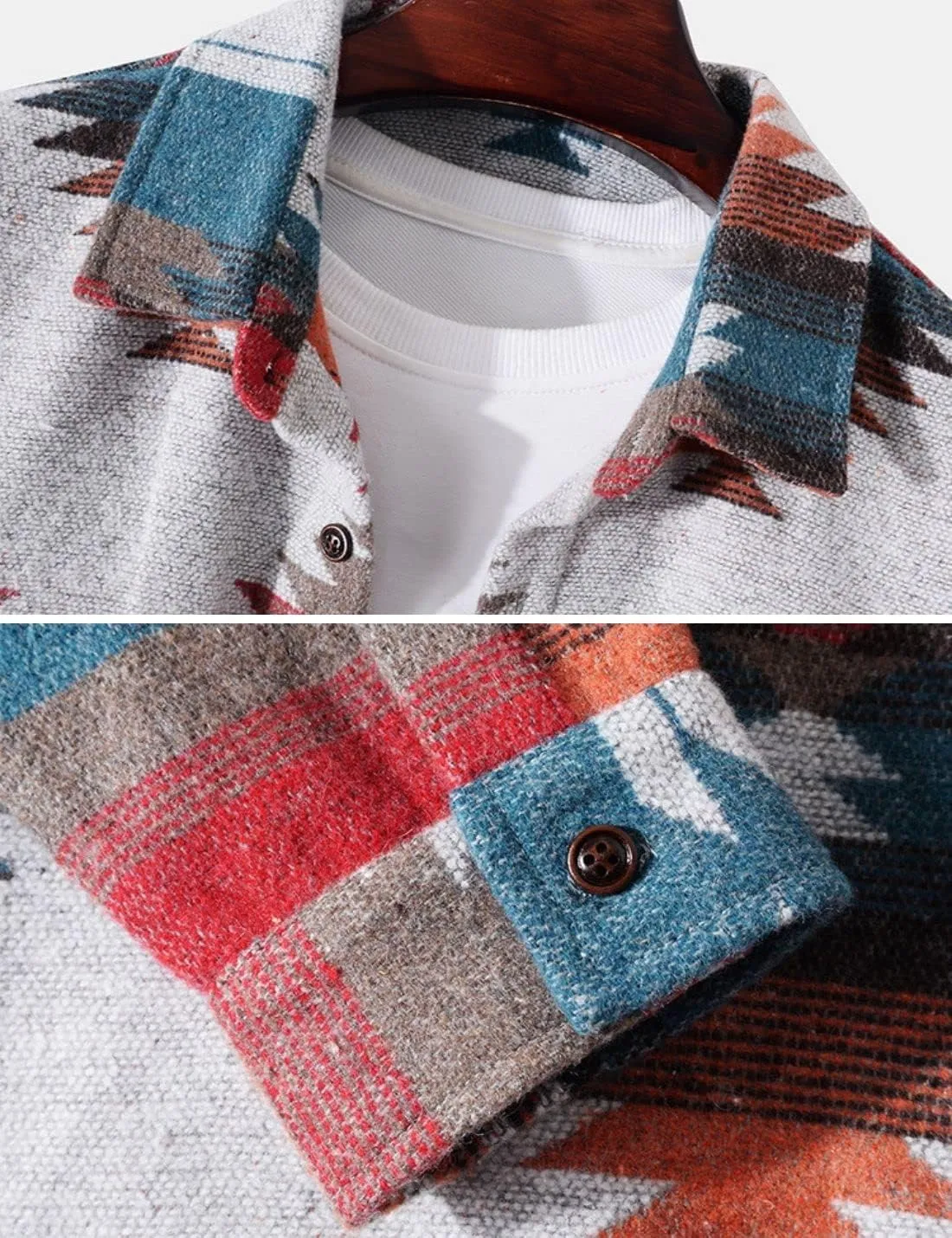 FindThy Mens Brushed Flannel Shirts Ethnic Aztec Print Button Up Lapel Tribal Shirt Jacket Shacket