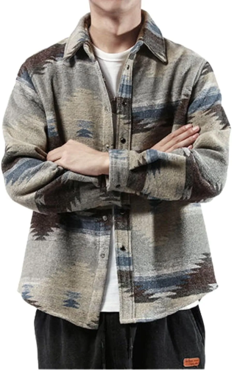 FindThy Mens Brushed Flannel Shirts Ethnic Aztec Print Button Up Lapel Tribal Shirt Jacket Shacket
