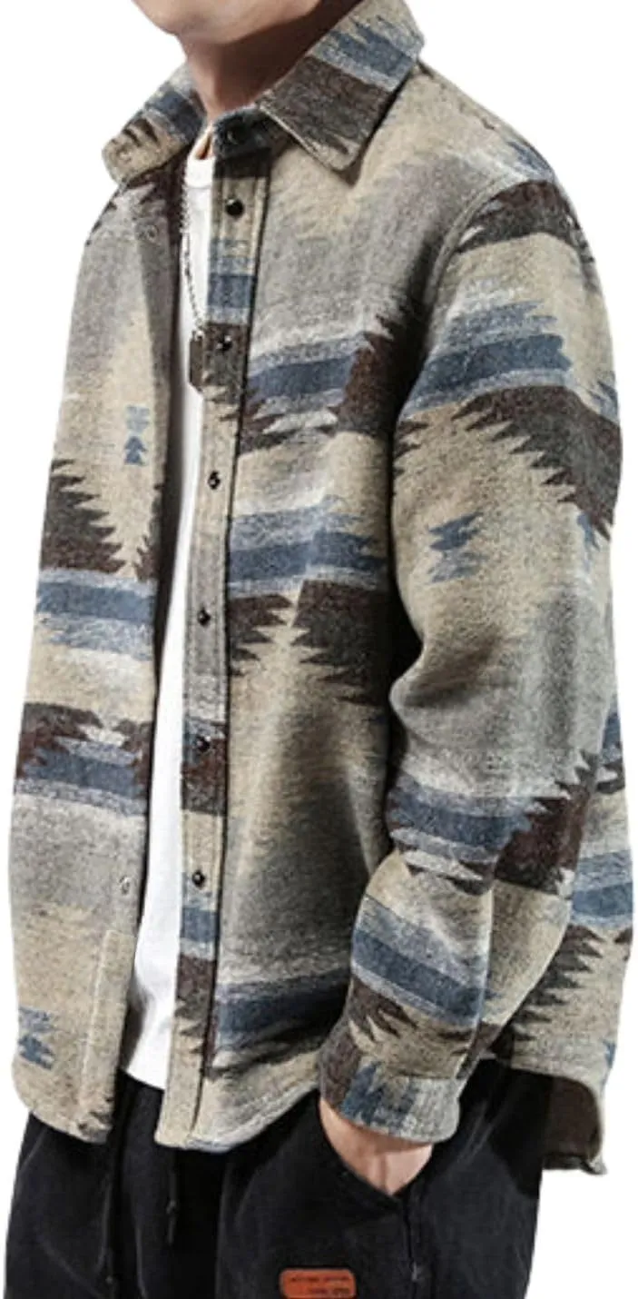 FindThy Mens Brushed Flannel Shirts Ethnic Aztec Print Button Up Lapel Tribal Shirt Jacket Shacket