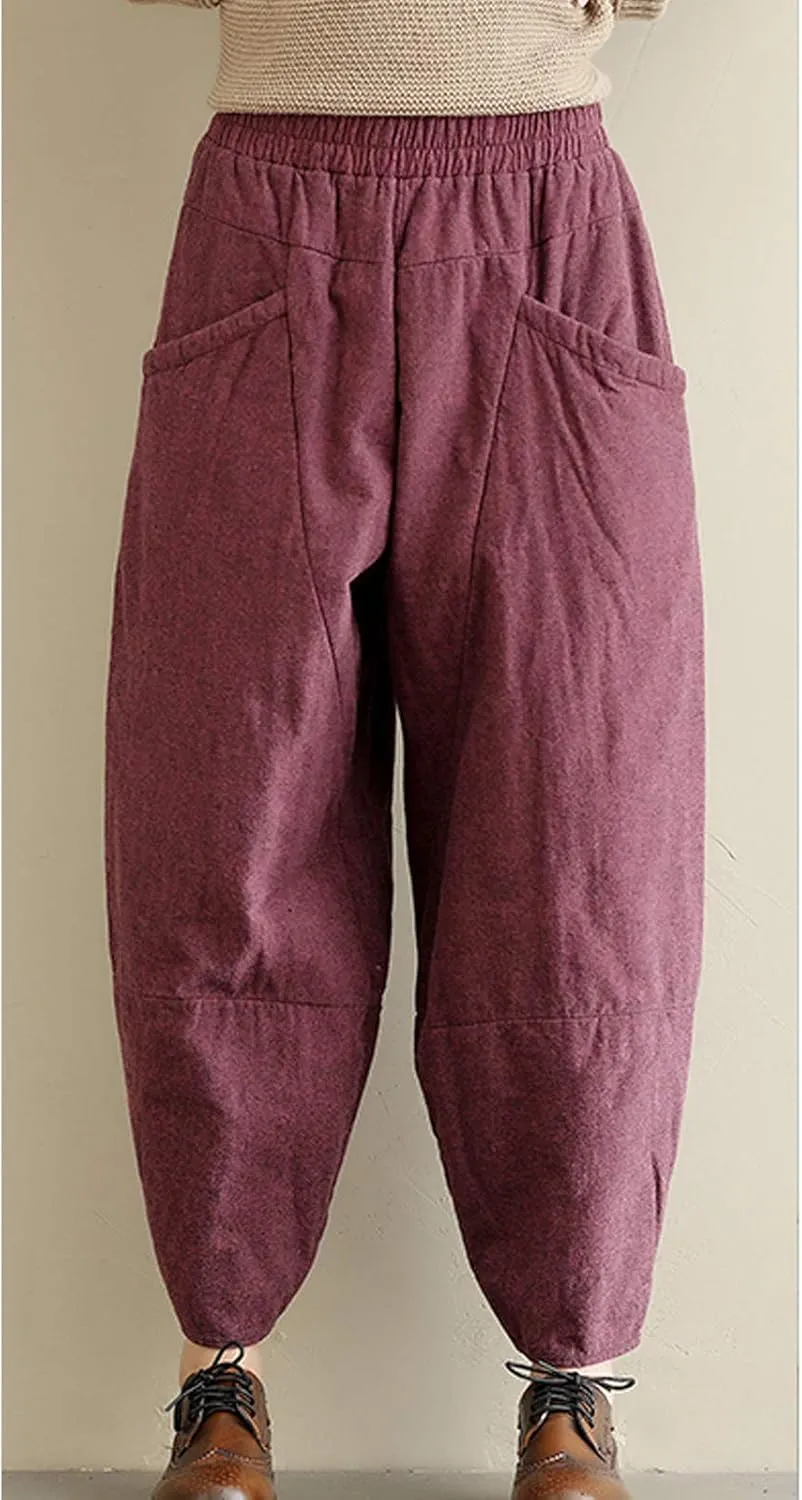 Flygo Womens Casual Thicken Linen High Waisted Loose Baggy Harem Pants with Big Pockets