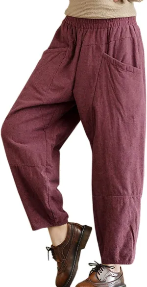 Flygo Womens Casual Thicken Linen High Waisted Loose Baggy Harem Pants with Big Pockets