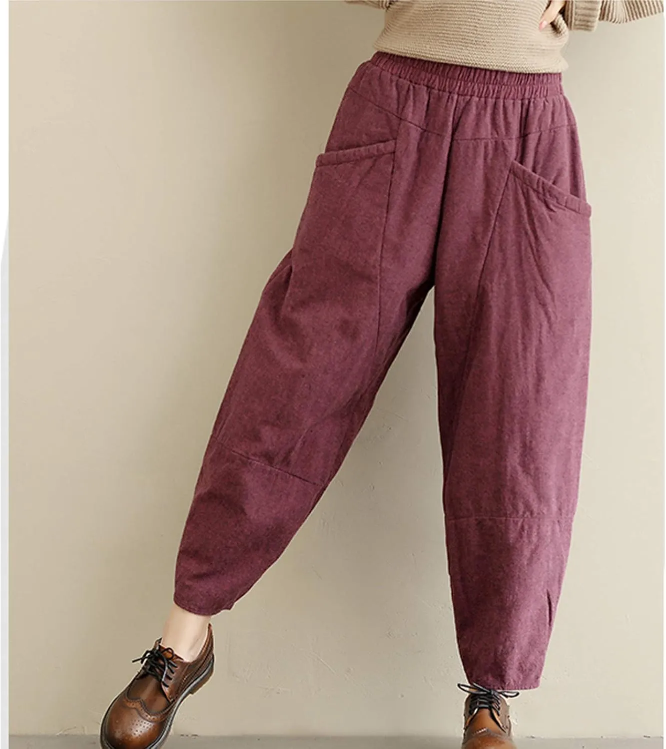 Flygo Womens Casual Thicken Linen High Waisted Loose Baggy Harem Pants with Big Pockets