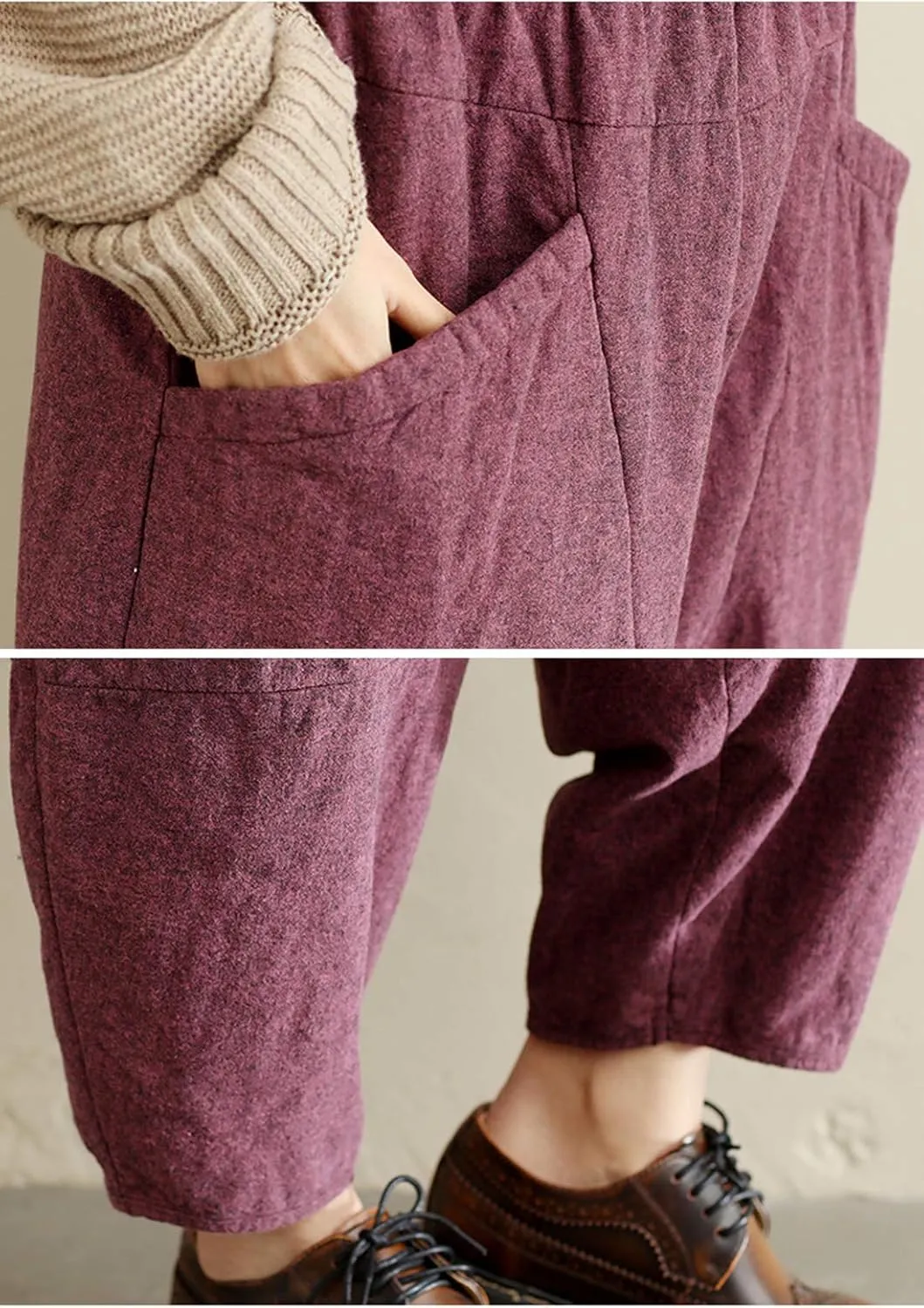 Flygo Womens Casual Thicken Linen High Waisted Loose Baggy Harem Pants with Big Pockets