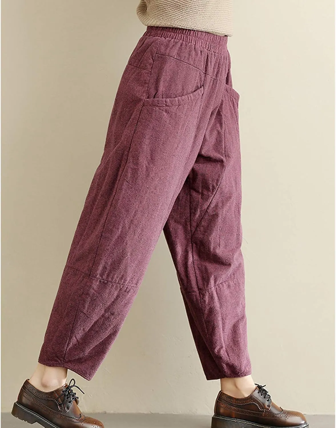 Flygo Womens Casual Thicken Linen High Waisted Loose Baggy Harem Pants with Big Pockets