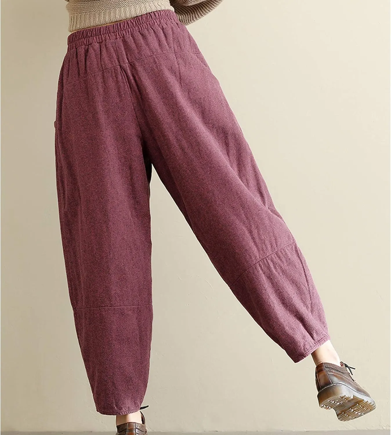 Flygo Womens Casual Thicken Linen High Waisted Loose Baggy Harem Pants with Big Pockets