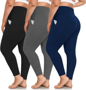 FULLSOFT 3 Pack Plus Size Leggings with Pockets for Women-High Waisted Tummy Control 1X-4X Soft Yoga Pants for Workout