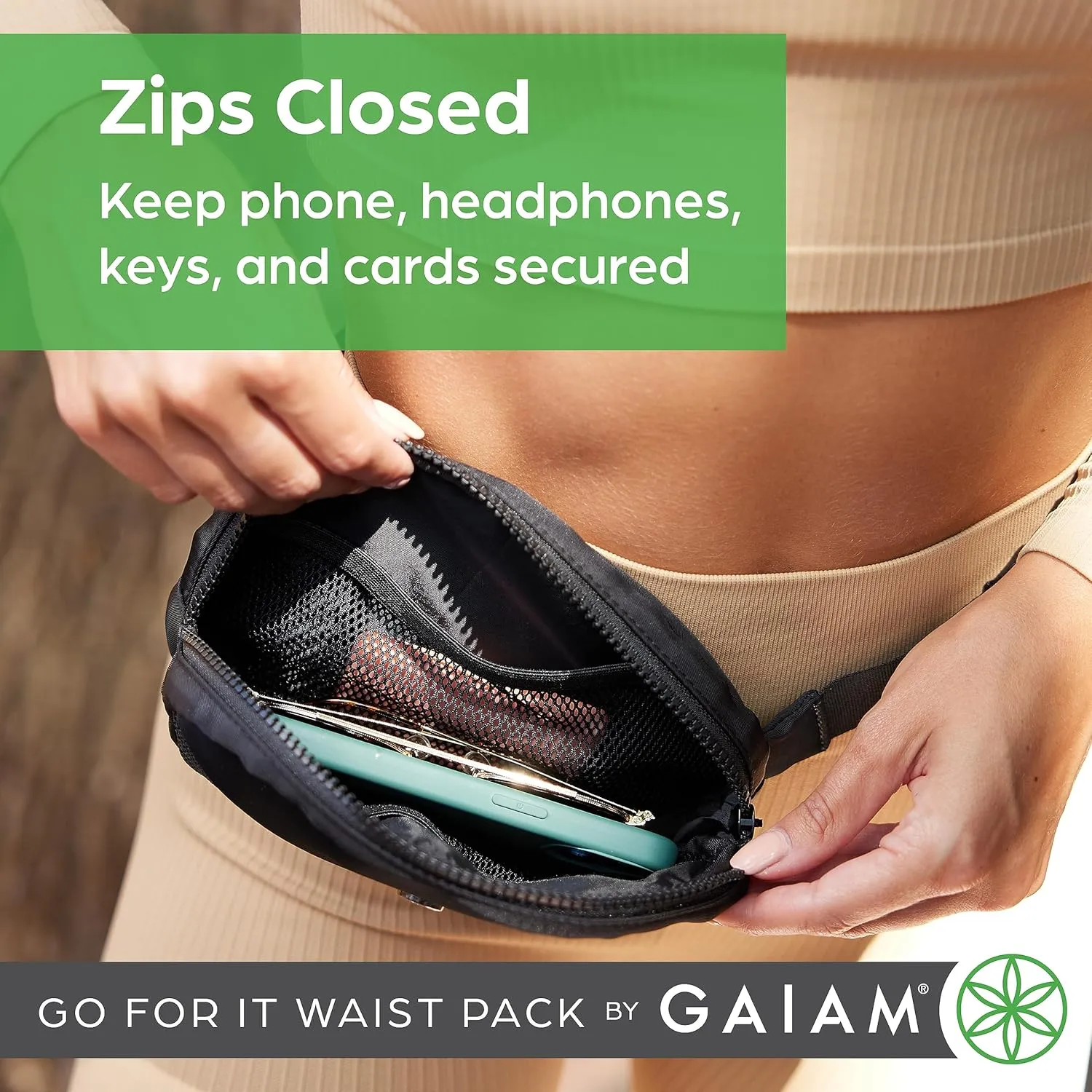 Gaiam Go for It Waist Pack, Adjustable Fanny Pack Crossbody Bags for Women & Men - Waterproof Cross Body Bag with Zippered Pockets, Running Belt Bag, Ideal for Vacation & Travel