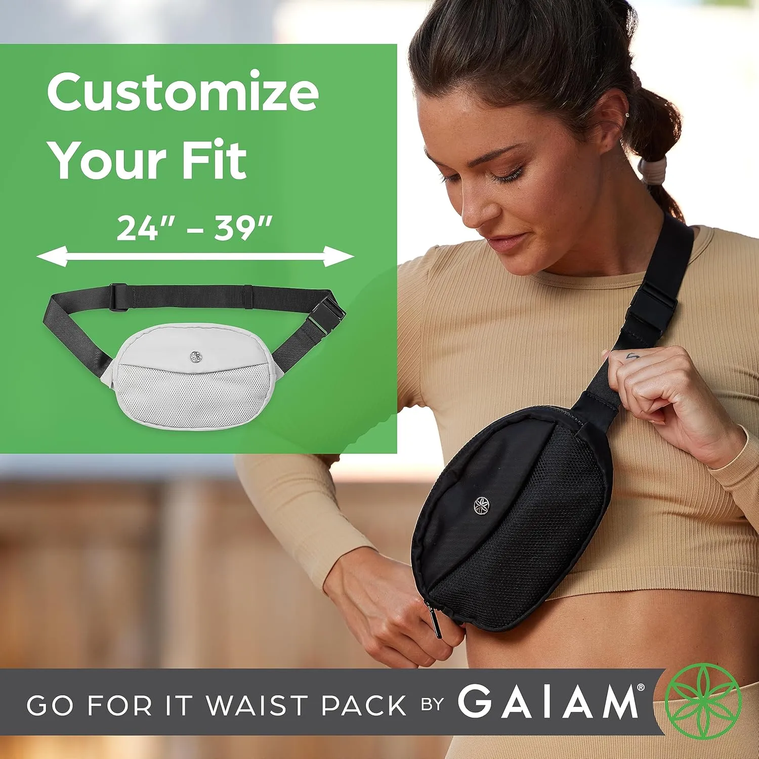 Gaiam Go for It Waist Pack, Adjustable Fanny Pack Crossbody Bags for Women & Men - Waterproof Cross Body Bag with Zippered Pockets, Running Belt Bag, Ideal for Vacation & Travel