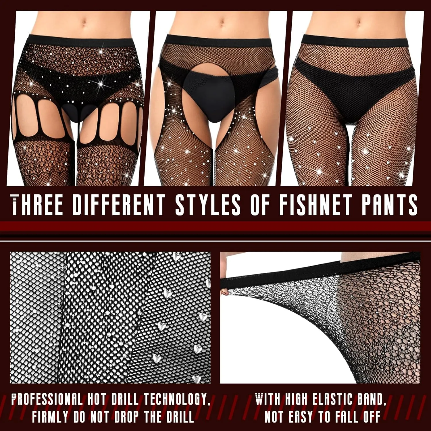 Geyoga 3 Pcs Footless Fishnet Stockings for Women Rhinestone Fish Nets Tights Thigh High Stockings Pantyhose Mesh Leggings