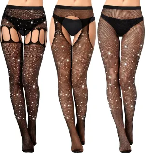 Geyoga 3 Pcs Footless Fishnet Stockings for Women Rhinestone Fish Nets Tights Thigh High Stockings Pantyhose Mesh Leggings