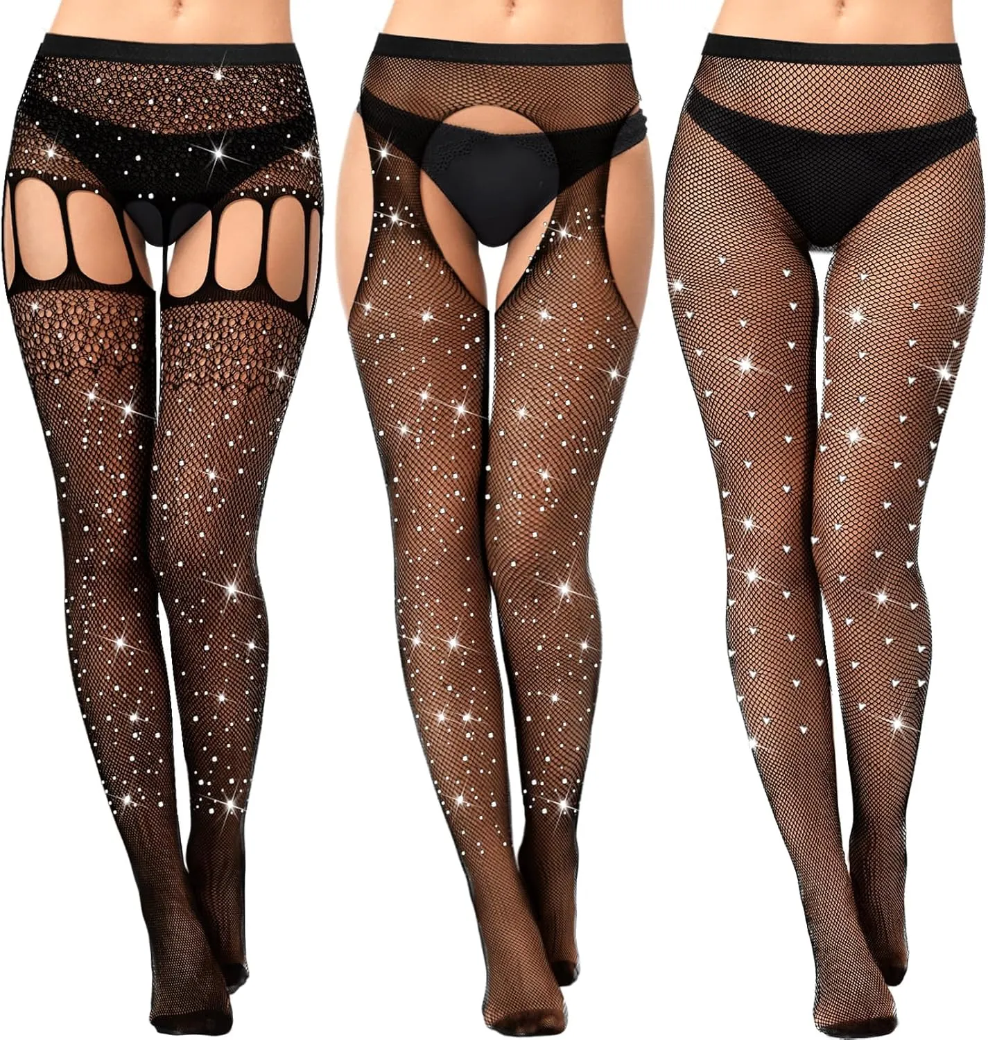 Geyoga 3 Pcs Footless Fishnet Stockings for Women Rhinestone Fish Nets Tights Thigh High Stockings Pantyhose Mesh Leggings