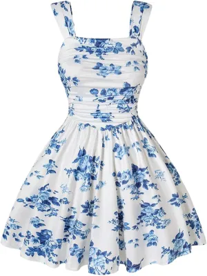 GORGLITTER Girl's Floral Print Ruffle Mini Dress Summer Beach Sun Dress Ruched Sleeveless Cute Boho Dresses