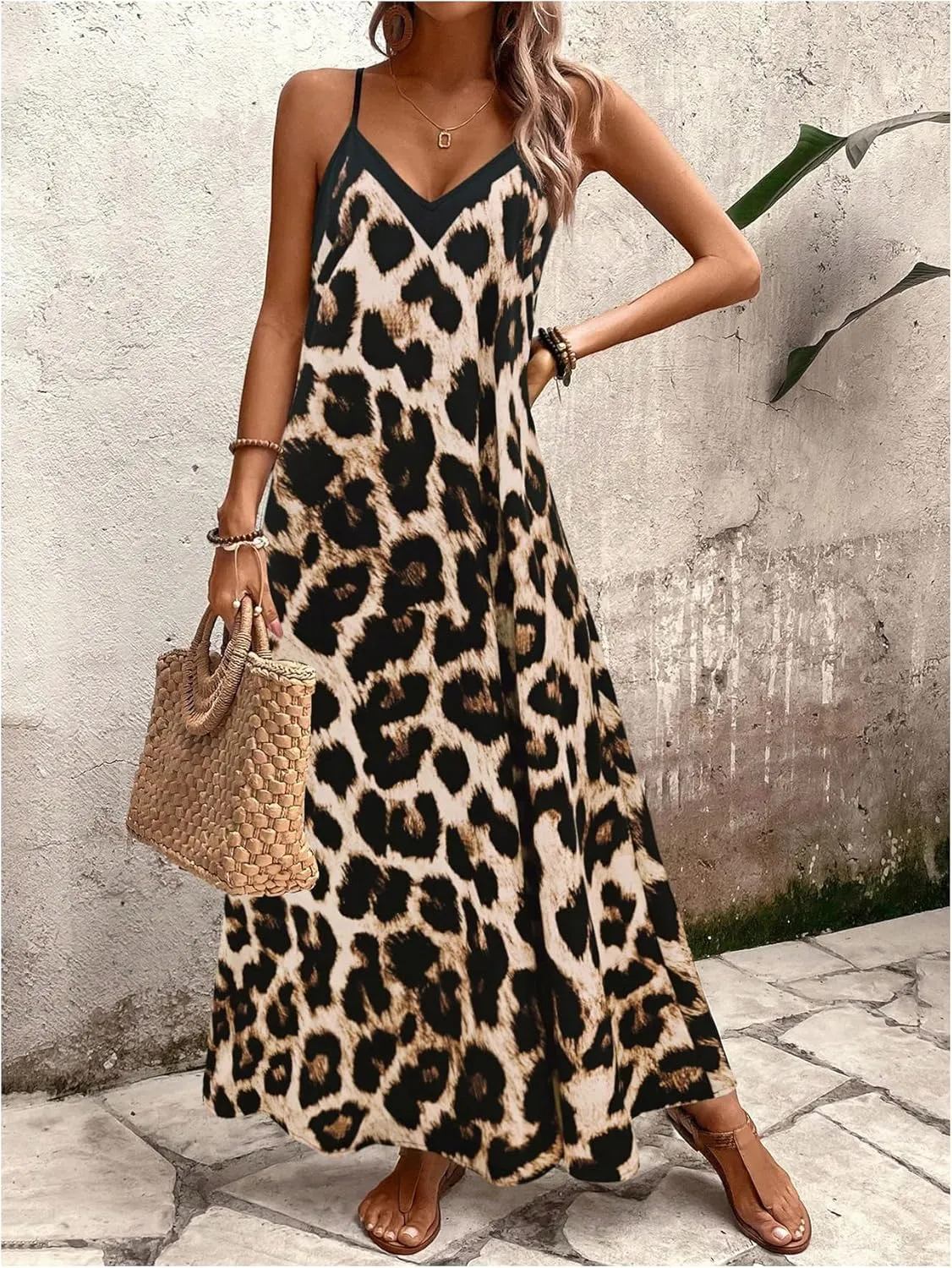 GORGLITTER Women's Leopard Sleeveless Oversized Maxi Long Dress Cheetah Bump Friendly V Neck Beach Sun Dresses