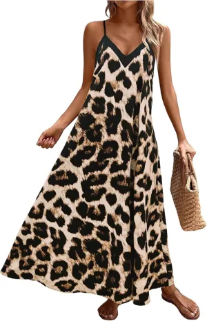 GORGLITTER Women's Leopard Sleeveless Oversized Maxi Long Dress Cheetah Bump Friendly V Neck Beach Sun Dresses