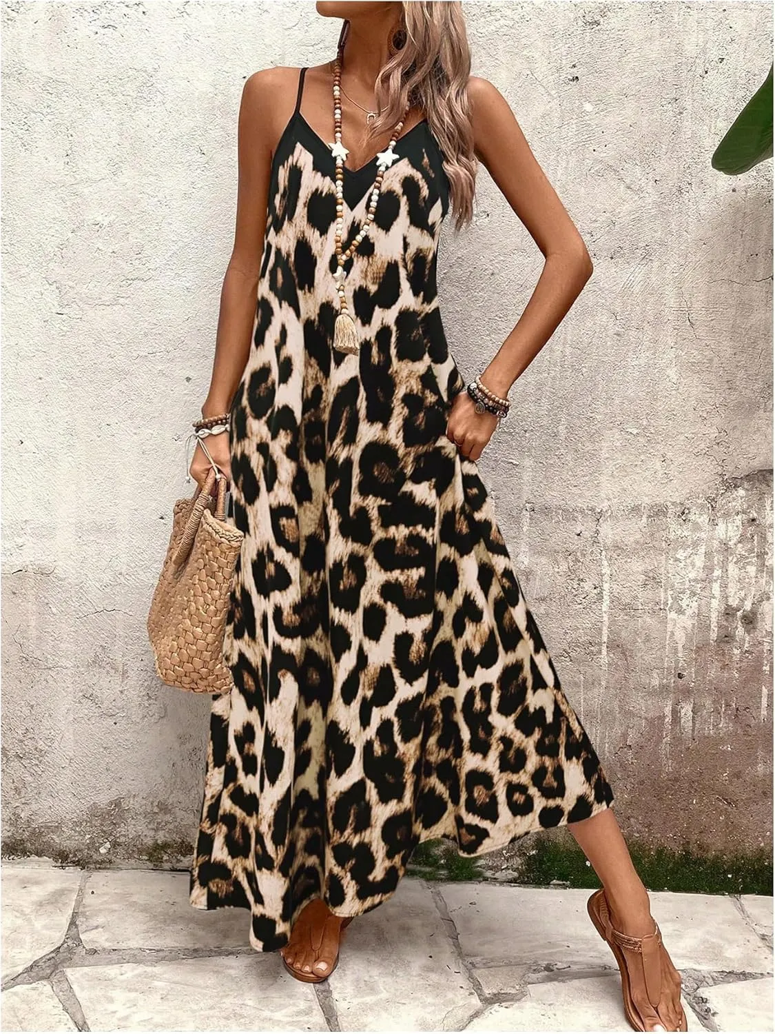 GORGLITTER Women's Leopard Sleeveless Oversized Maxi Long Dress Cheetah Bump Friendly V Neck Beach Sun Dresses