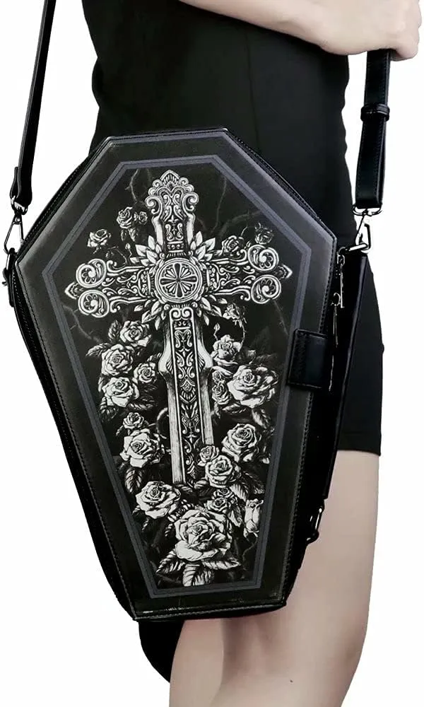 Gothic Crossbody Bag Steampunk Shoulder Bags Printed Faux Leather Satchel Handbag Black