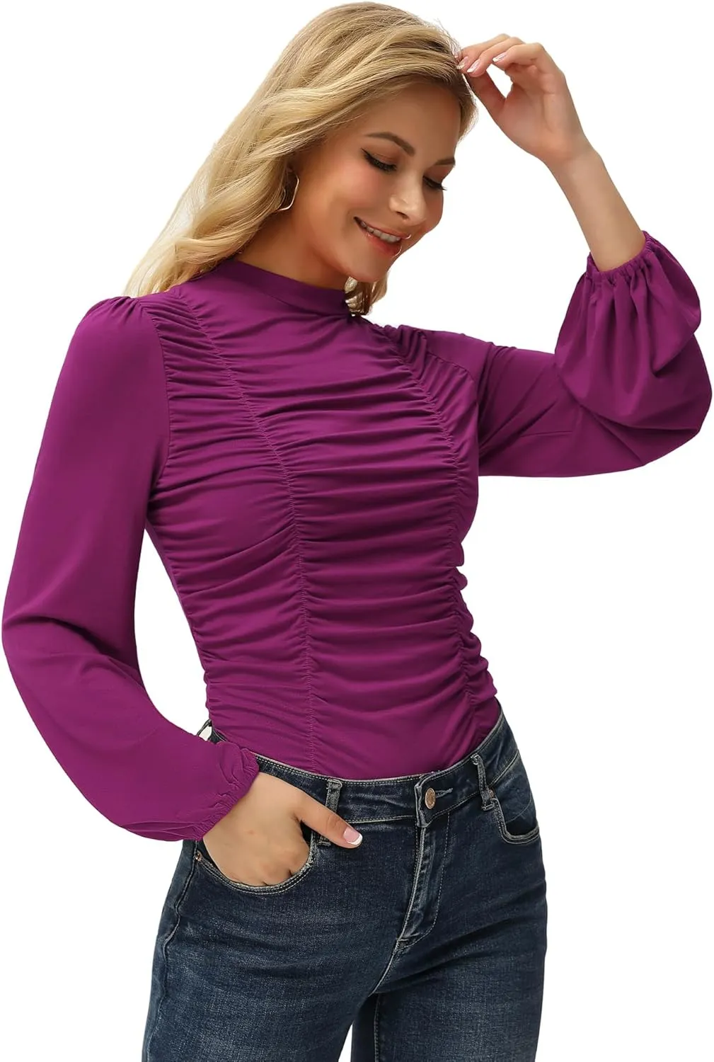 GRACE KARIN Womens Long Lantern Sleeve High-Neck Ruched Front Fitted Blouse