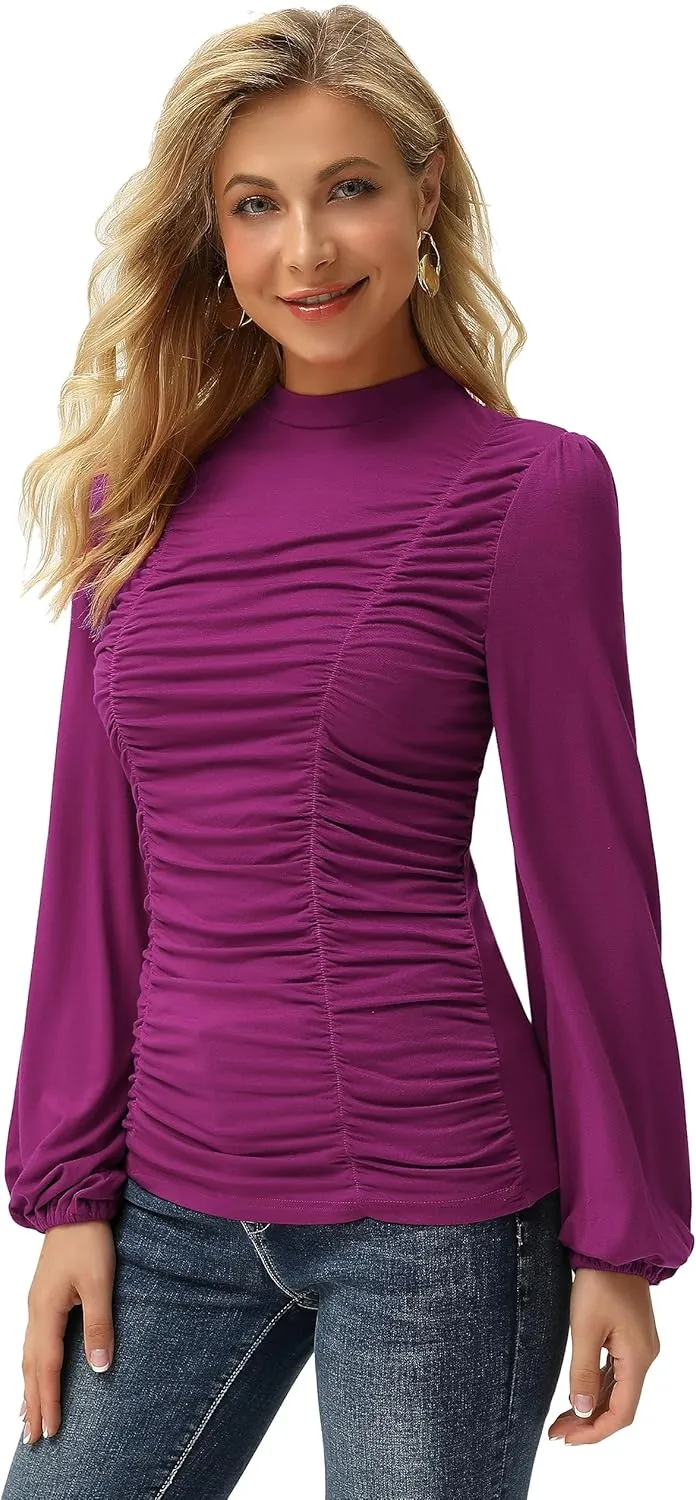 GRACE KARIN Womens Long Lantern Sleeve High-Neck Ruched Front Fitted Blouse