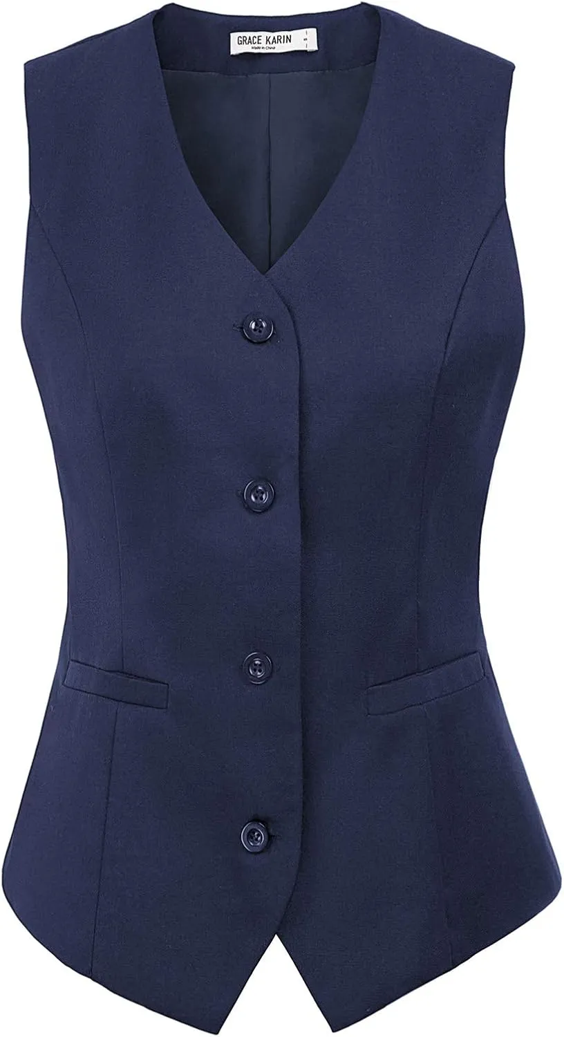 GRACE KARIN Women's V-Neck Slim Fit Office Bottoned Dressy Suit Vest Waistcoats