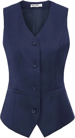 GRACE KARIN Women's V-Neck Slim Fit Office Bottoned Dressy Suit Vest Waistcoats