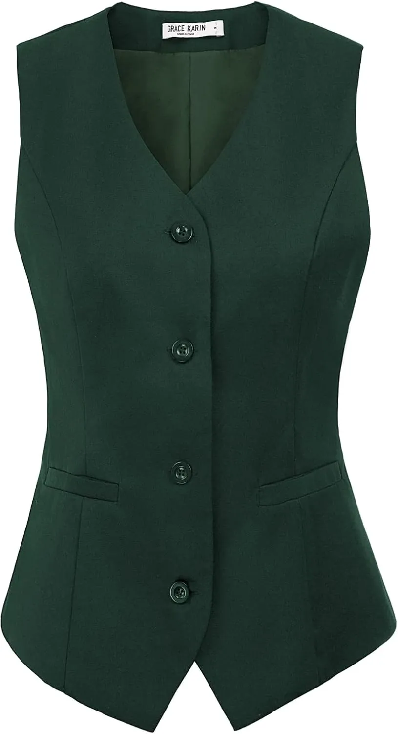 GRACE KARIN Women's V-Neck Slim Fit Office Bottoned Dressy Suit Vest Waistcoats