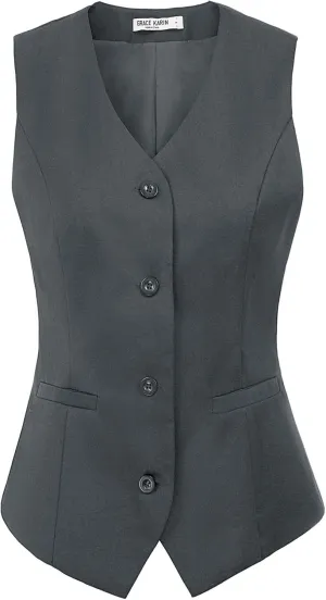 GRACE KARIN Women's V-Neck Slim Fit Office Bottoned Dressy Suit Vest Waistcoats