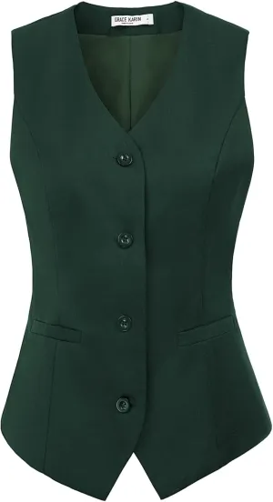 GRACE KARIN Women's V-Neck Slim Fit Office Bottoned Dressy Suit Vest Waistcoats
