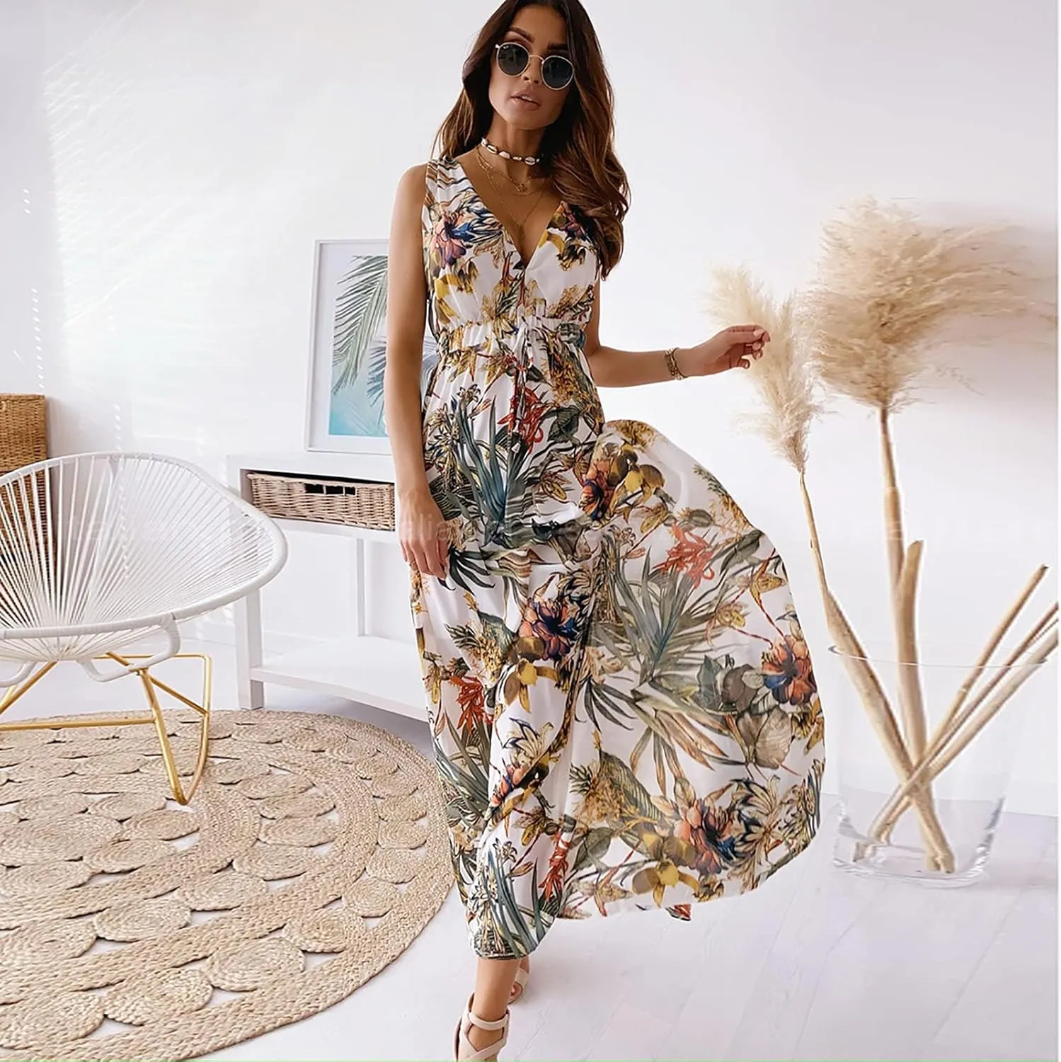Hawaiian Dresses for Women Sleeveless V Neck Strappy Beach Boho Tropical Summer Maxi Dress Tie Floral Long Sundress
