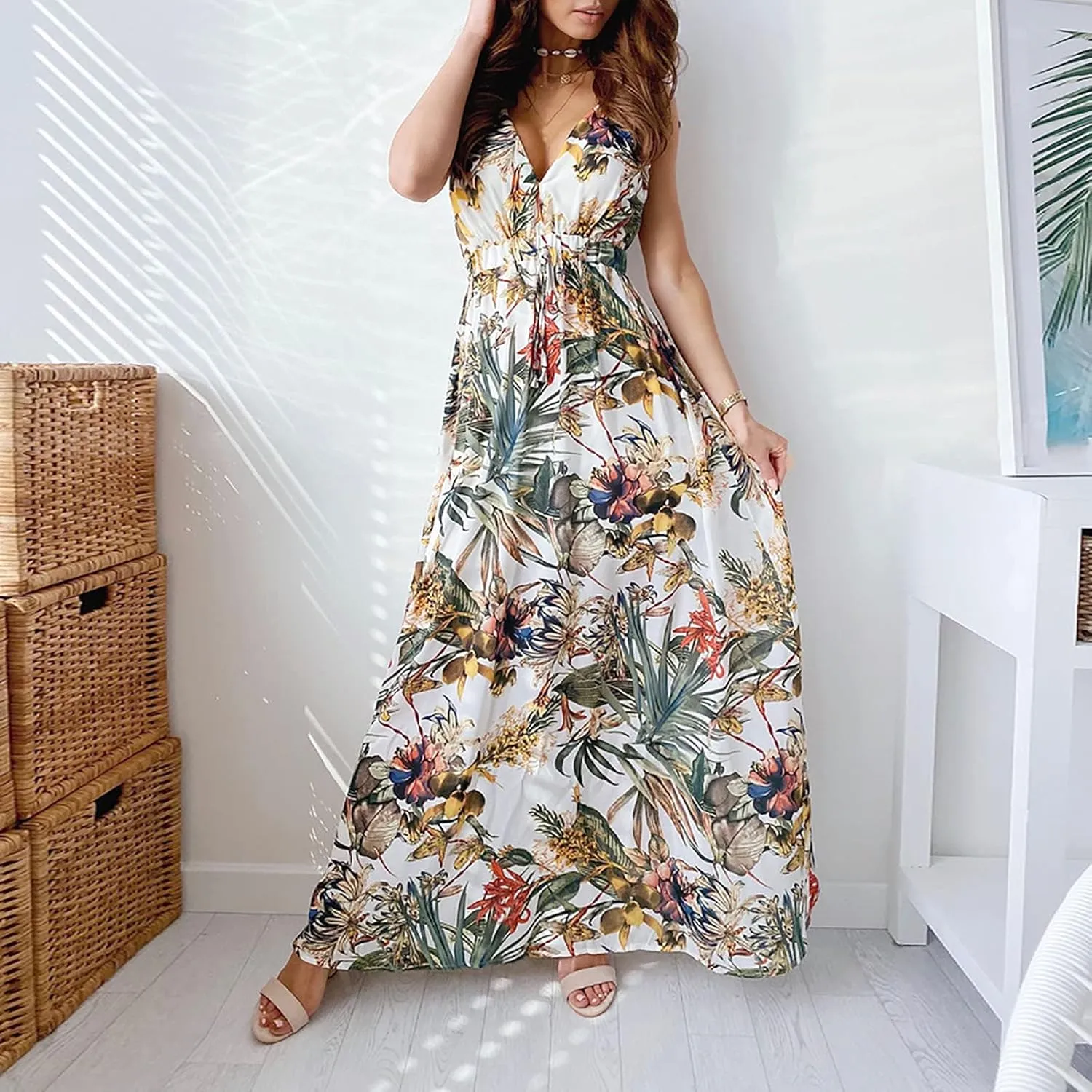 Hawaiian Dresses for Women Sleeveless V Neck Strappy Beach Boho Tropical Summer Maxi Dress Tie Floral Long Sundress