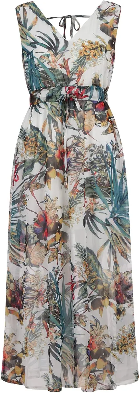 Hawaiian Dresses for Women Sleeveless V Neck Strappy Beach Boho Tropical Summer Maxi Dress Tie Floral Long Sundress