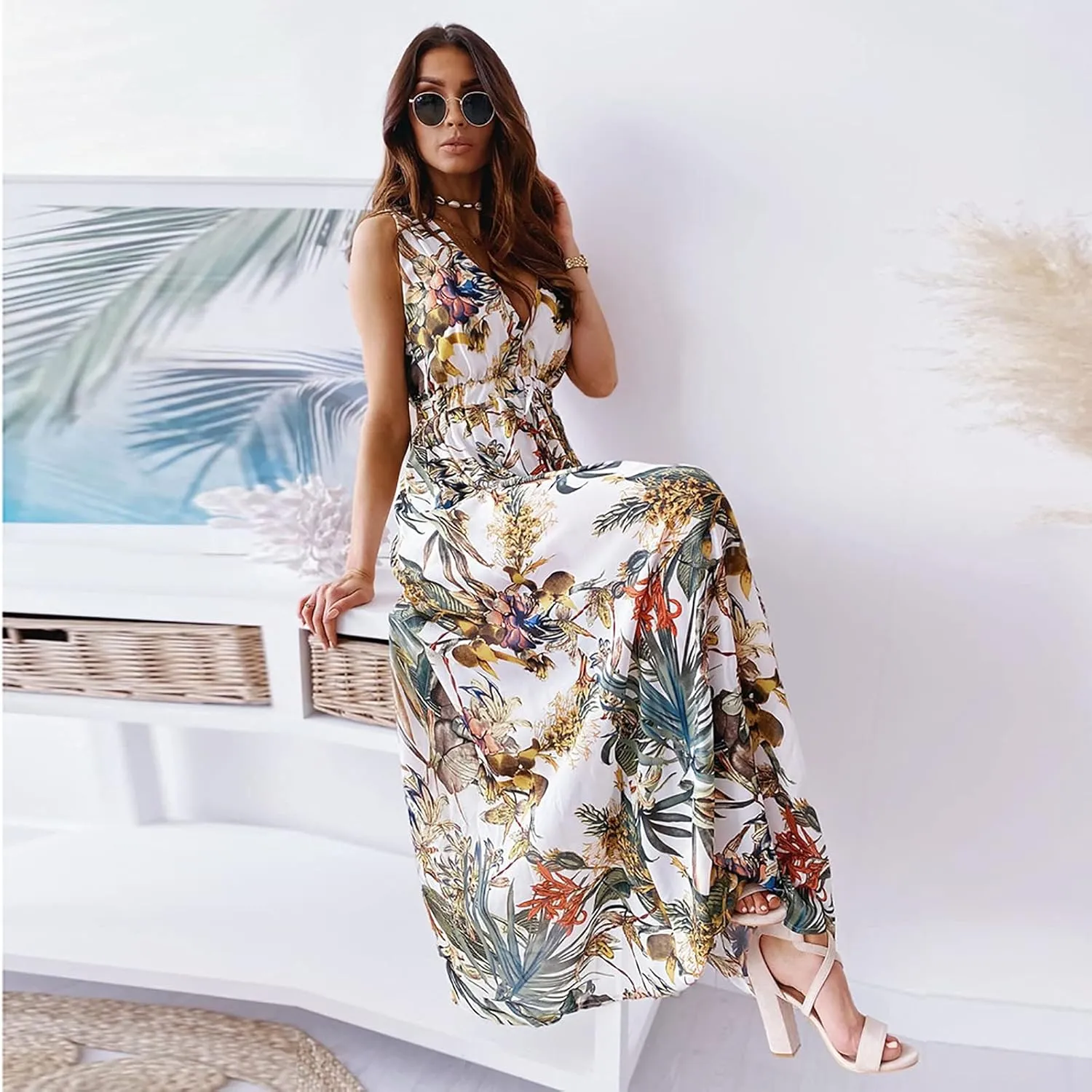 Hawaiian Dresses for Women Sleeveless V Neck Strappy Beach Boho Tropical Summer Maxi Dress Tie Floral Long Sundress