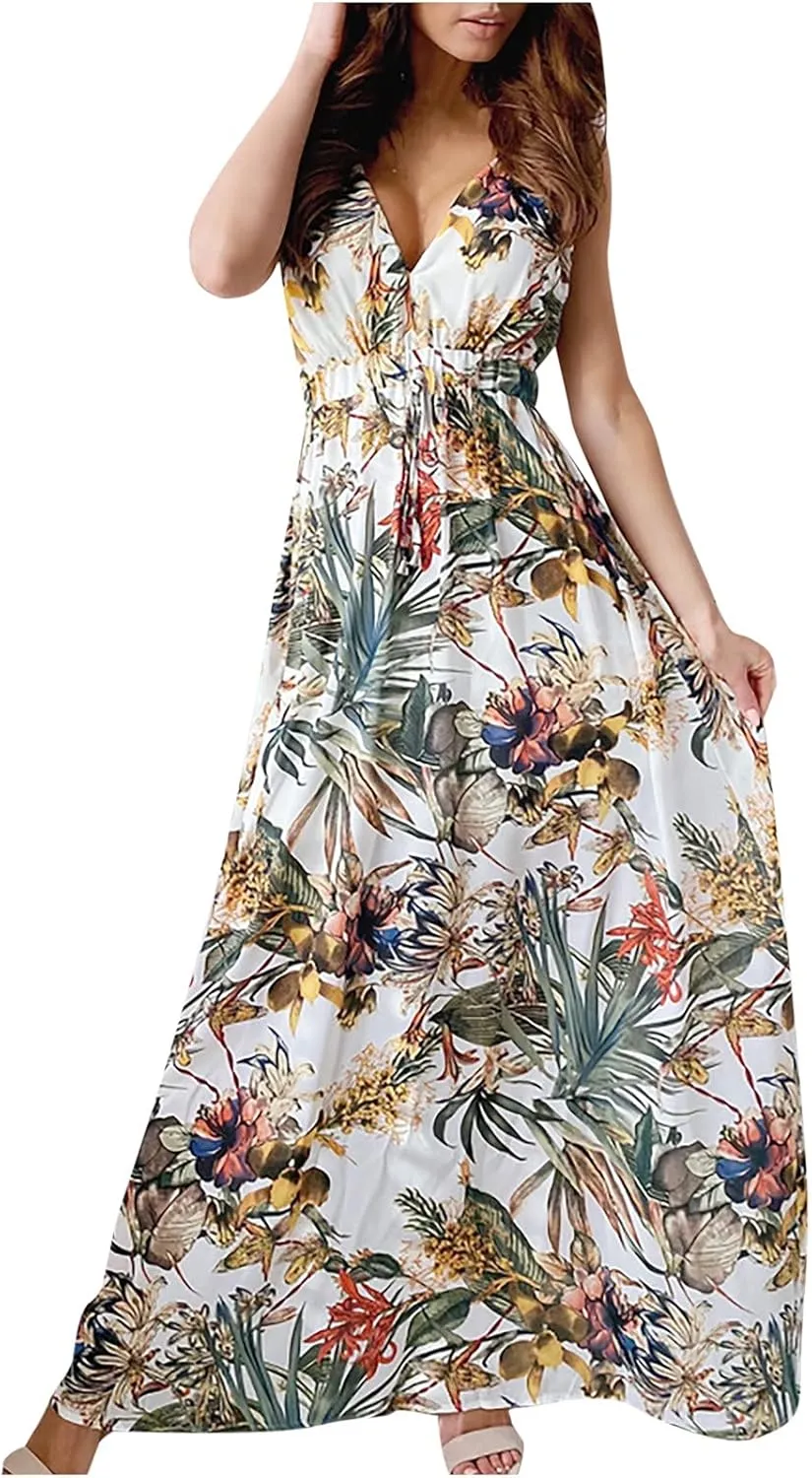 Hawaiian Dresses for Women Sleeveless V Neck Strappy Beach Boho Tropical Summer Maxi Dress Tie Floral Long Sundress