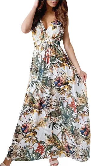 Hawaiian Dresses for Women Sleeveless V Neck Strappy Beach Boho Tropical Summer Maxi Dress Tie Floral Long Sundress