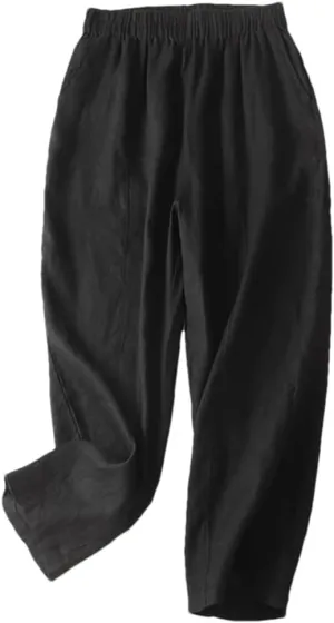 Hdhdeueh Women's Cotton and Linen Harem Pants Stretch High Waist Solid Color Palazzo Trousers