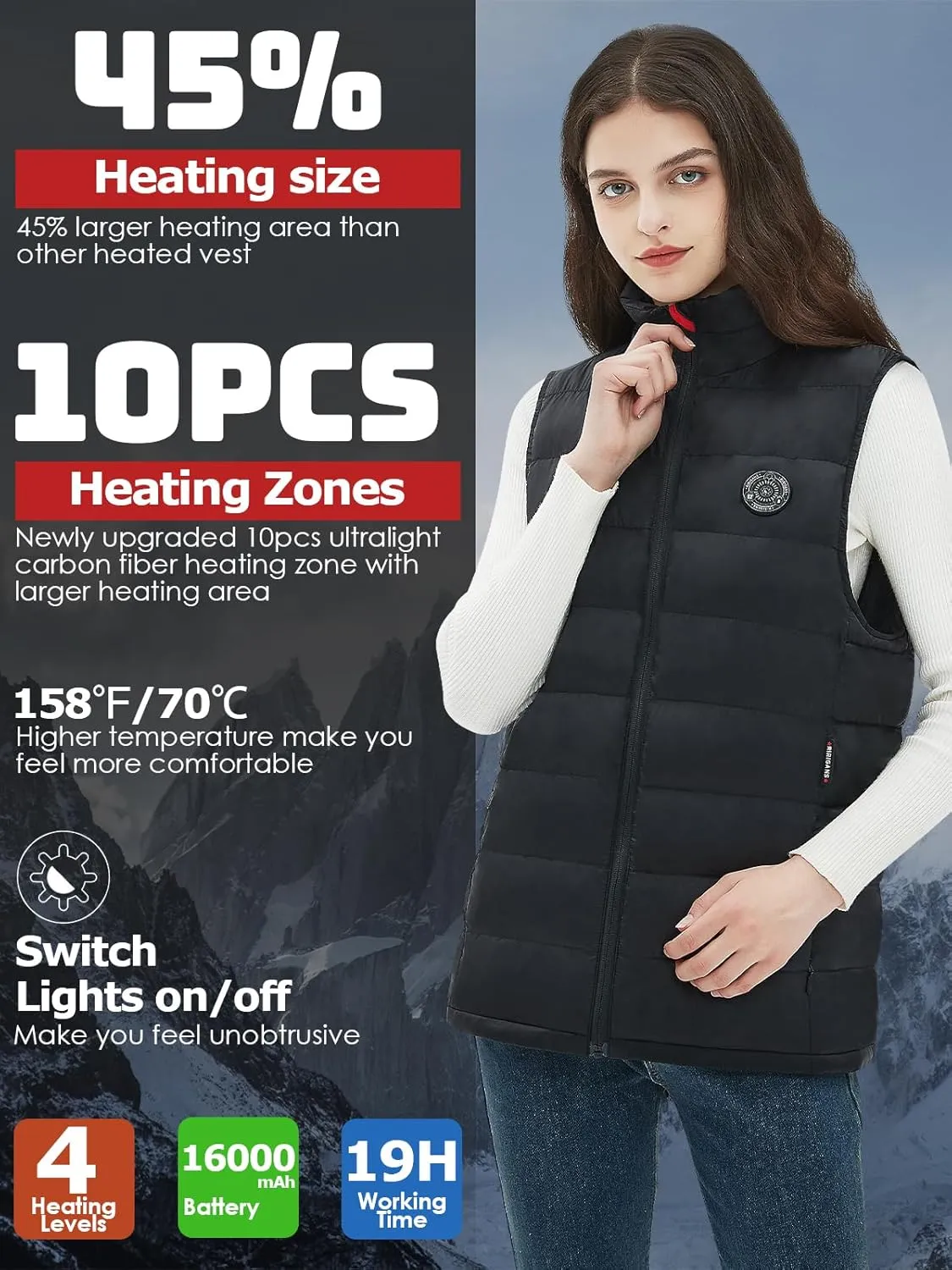 Heated Vest For Women, Heated Jacket with 7.4V 16000mAh Battery Pack, 10 Heating Zones Waistcoats for Outdoor