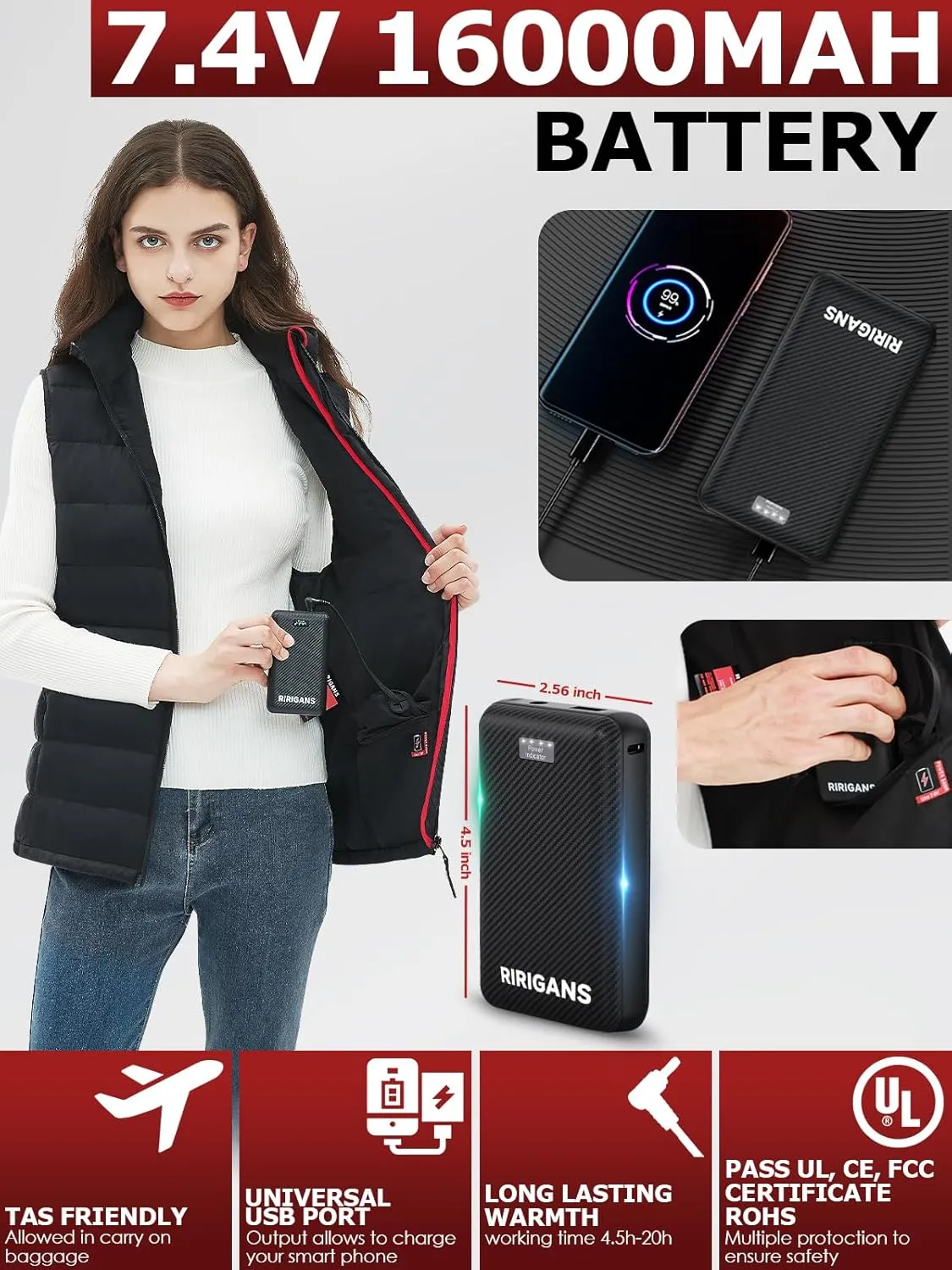 Heated Vest For Women, Heated Jacket with 7.4V 16000mAh Battery Pack, 10 Heating Zones Waistcoats for Outdoor