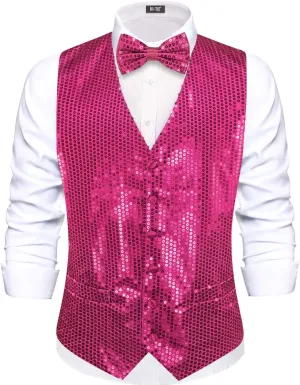 Hi-Tie Men's Sequin Vest Bowtie Prom Suit Vest for Men Tuxedo Dinner V Neck Slim Fit Waistcoats